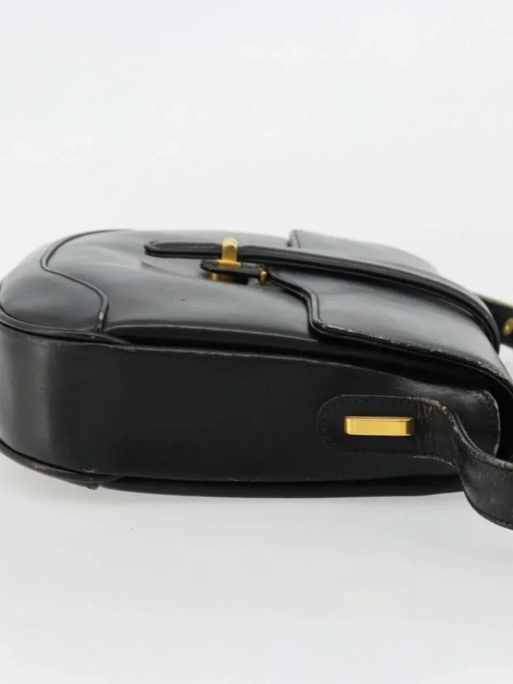GUCCI Shoulder Bag Leather Black Gold Auth